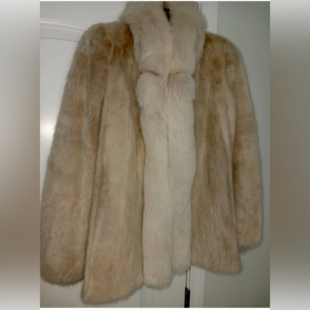 Blush Cream Genuine Fur Jacket with Fox collar and Mid-Length Design